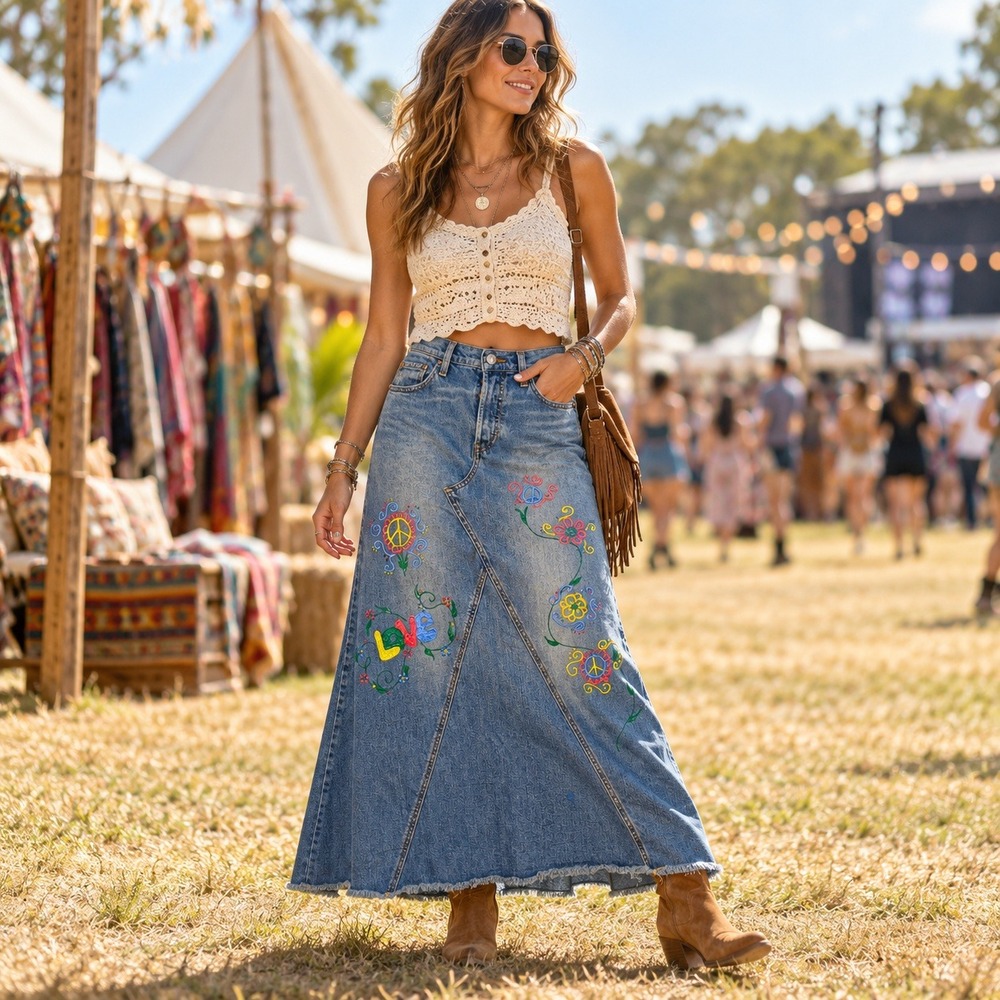 Levis Denim Maxi Skirt Blue Hand Painted Peace Love Flowers Raw Hem Button Fly